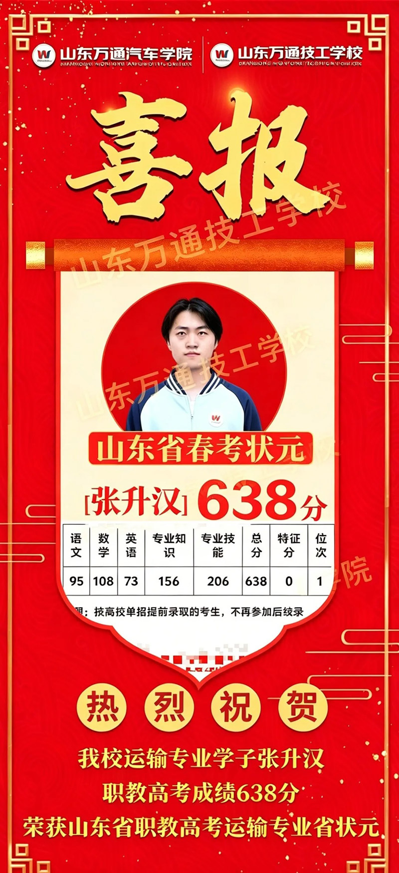 喜报｜638分，全省第一！热烈祝贺我校张升汉同学勇夺运输专业春考省状元！
