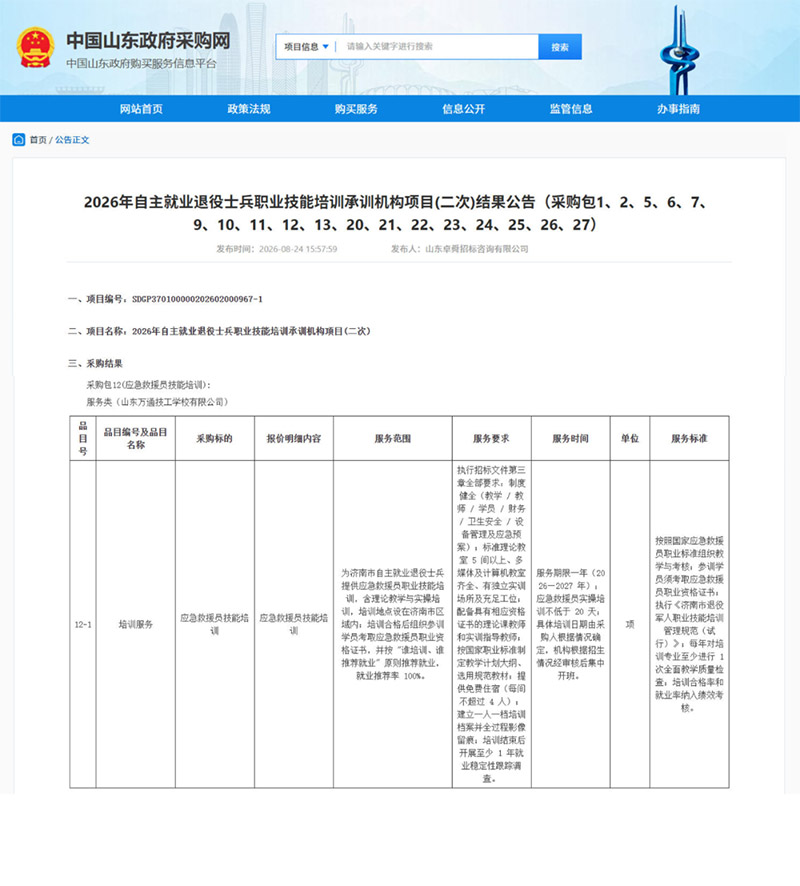 喜报｜山东万通成功中标2026年自主就业退役士兵应急救援员技能培训项目！